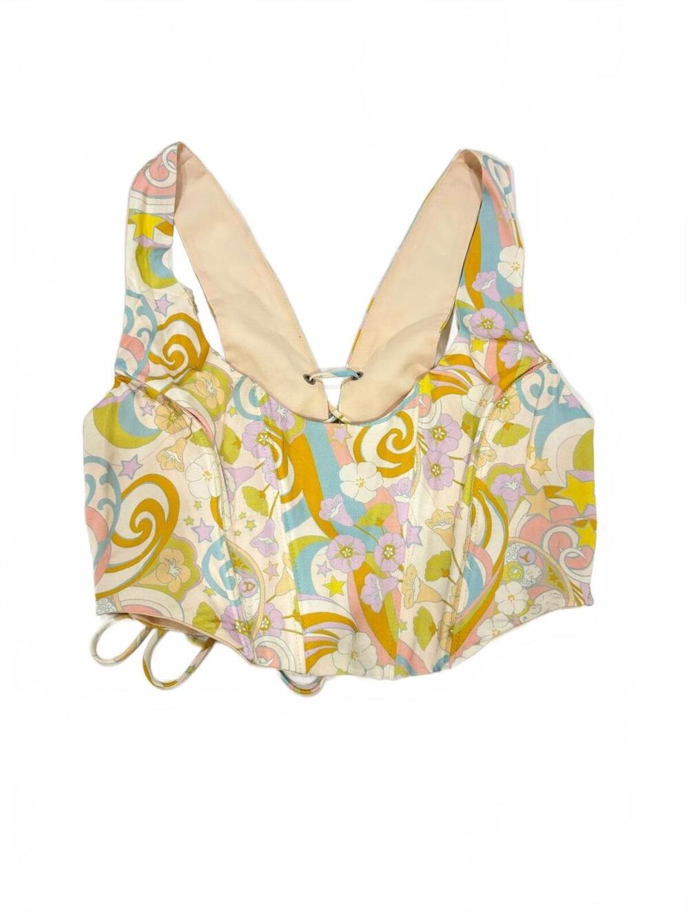 For Love & Lemons Retro Psychedelic Floral Corset Bustier Top Large L